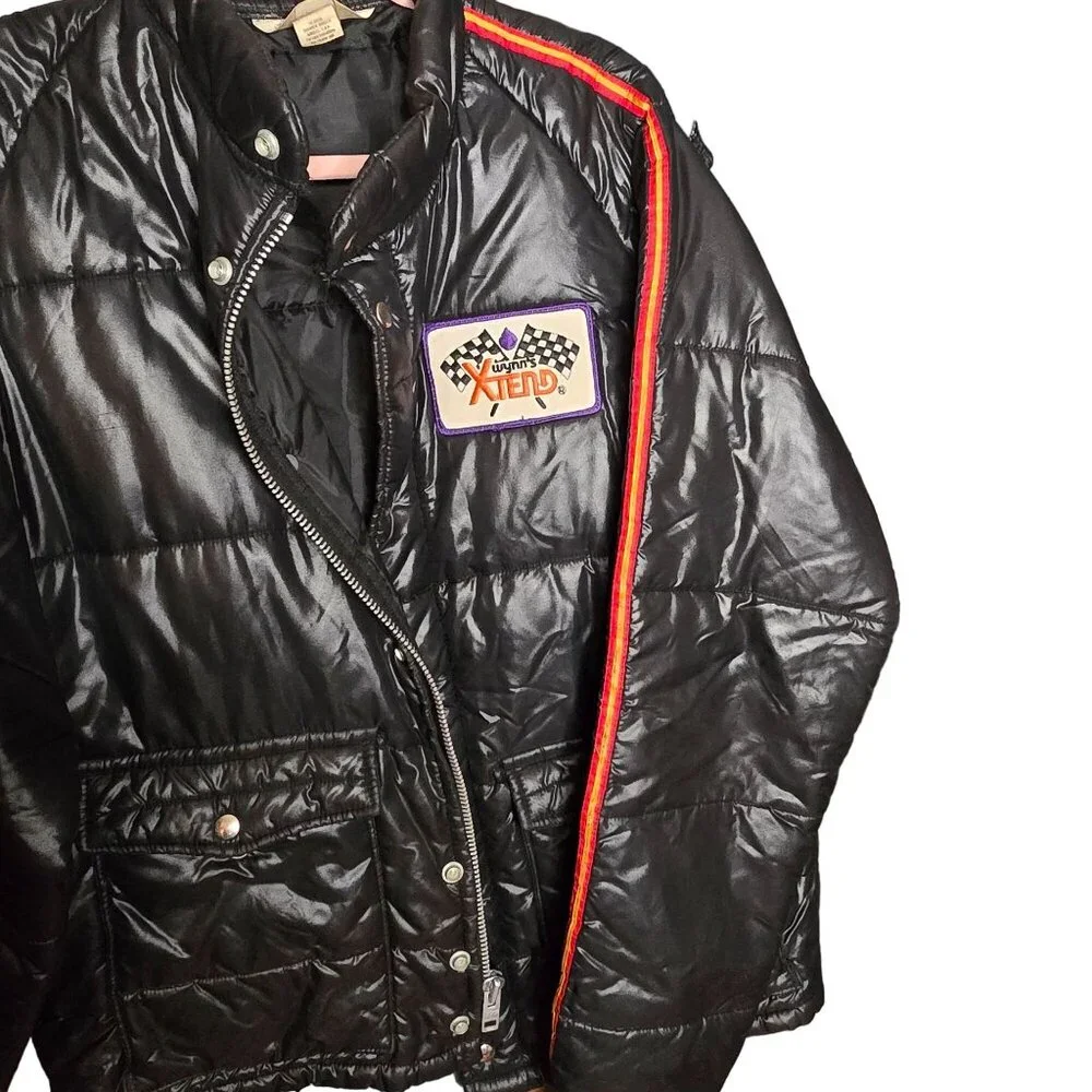VTG Wynns Xtend Official Racing Puffer Jacket LG Black Snap Zip Closure USA 70s - Picture 8 of 14